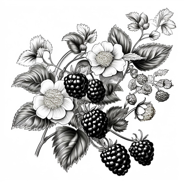 A drawing of a bunch of blackberries with white flowers generative ai