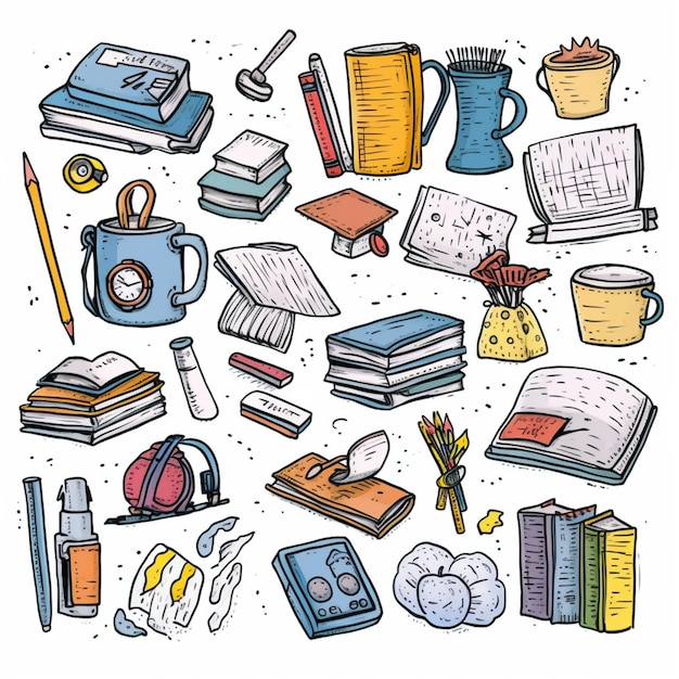 Photo a drawing of a bunch of books and other items generative ai