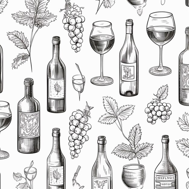 Photo a drawing of a bunch of bottles and glasses of wine generative ai