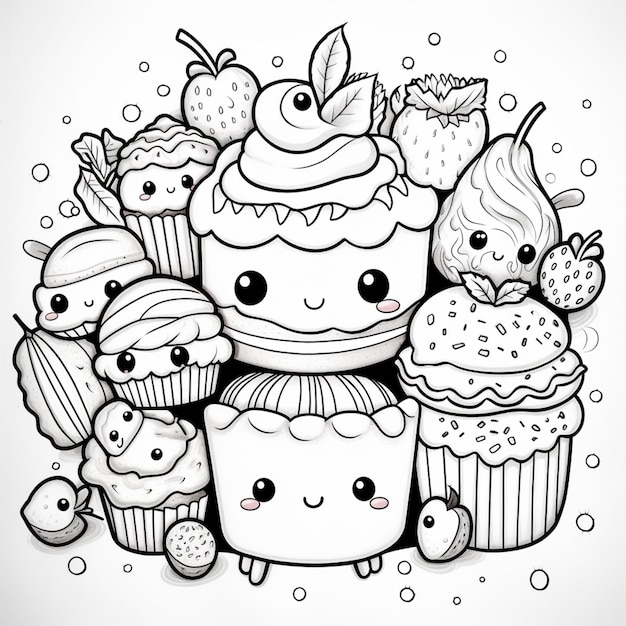 Photo a drawing of a bunch of cupcakes with different toppings generative ai
