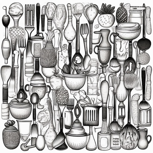 Foto un disegno di un mucchio di diversi utensili da cucina ai generativi