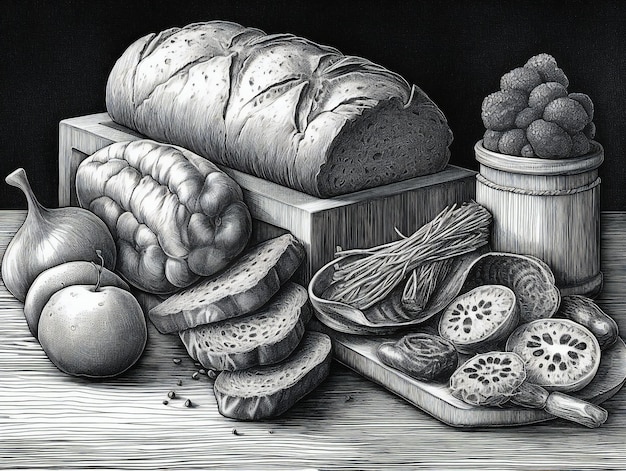 Photo drawing a bunch of different types of bread lies on a cutting board done in black and white style ai generated ai generative ai generativ