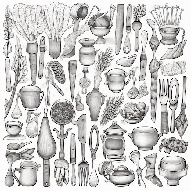 a drawing of a bunch of different types of kitchen utensils generative ai