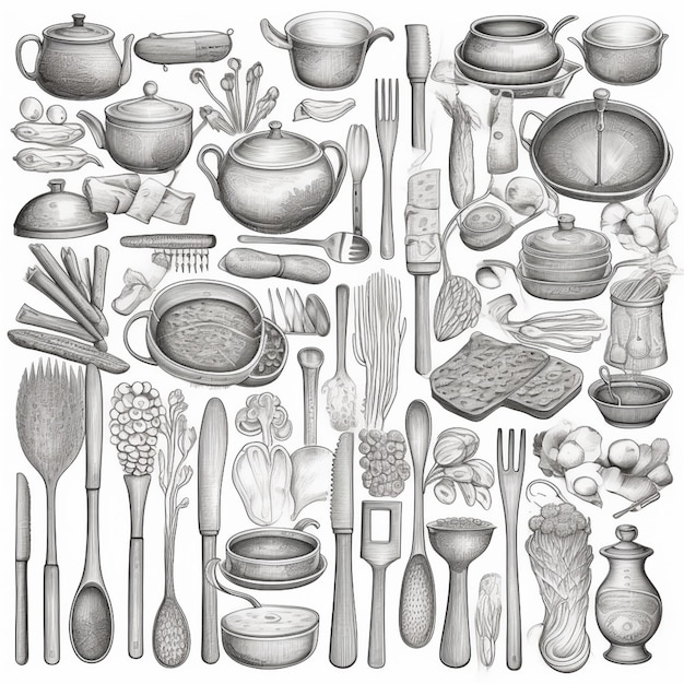 a drawing of a bunch of different types of kitchen utensils generative ai