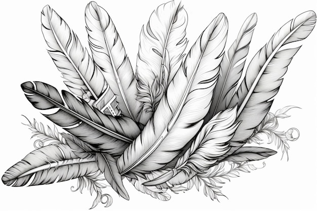 Photo a drawing of a bunch of feathers with a white background generative ai