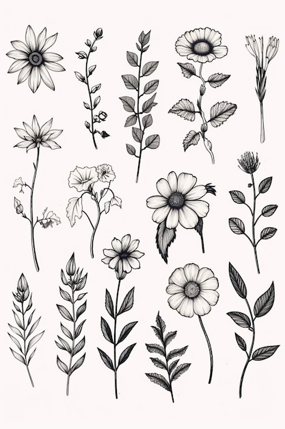 Photo a drawing of a bunch of flowers and leaves generative ai