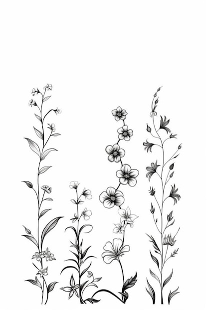 a drawing of a bunch of flowers that are on a white background generative ai