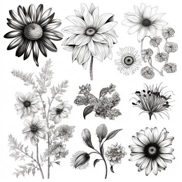 A drawing of a bunch of flowers that are on a white background generative ai