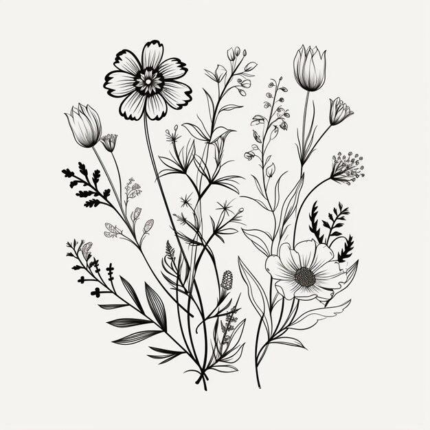 Photo a drawing of a bunch of flowers on a white background generative ai