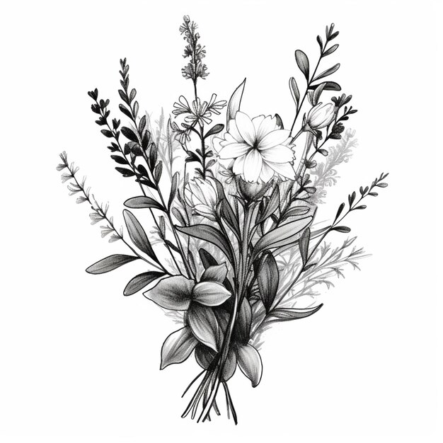 Photo a drawing of a bunch of flowers on a white background generative ai