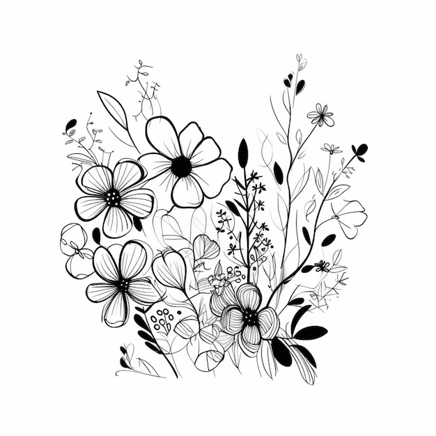 a drawing of a bunch of flowers on a white background generative ai