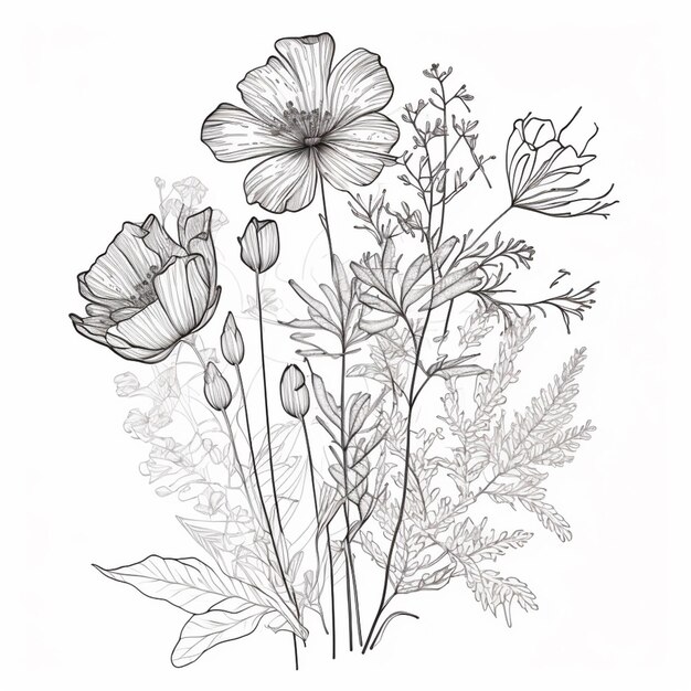 Photo a drawing of a bunch of flowers on a white background generative ai