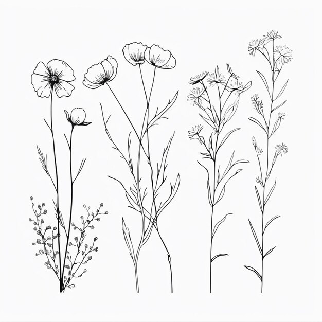 a drawing of a bunch of flowers on a white background generative ai