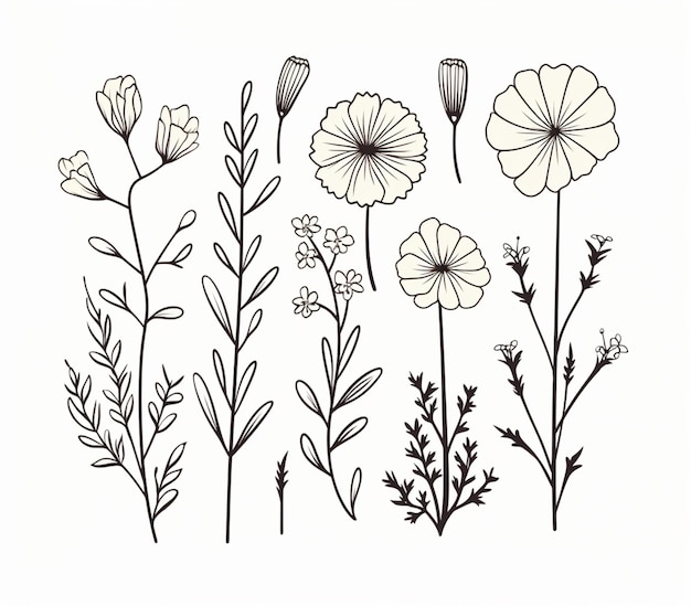 A drawing of a bunch of flowers on a white background generative ai