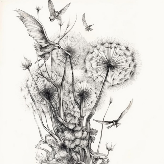 A drawing of a bunch of flowers with birds flying around generative ai