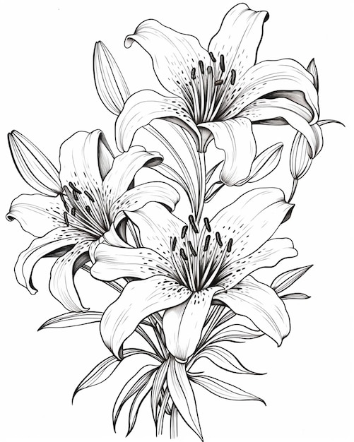 a drawing of a bunch of flowers with black and white lines generative ai