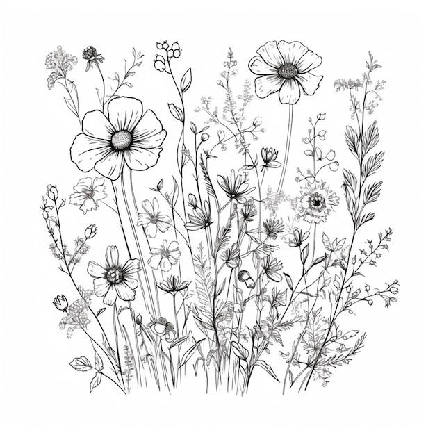 a drawing of a bunch of flowers with a butterfly on top generative ai