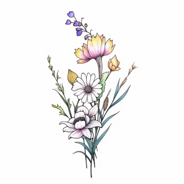 A drawing of a bunch of flowers with a butterfly on top generative ai