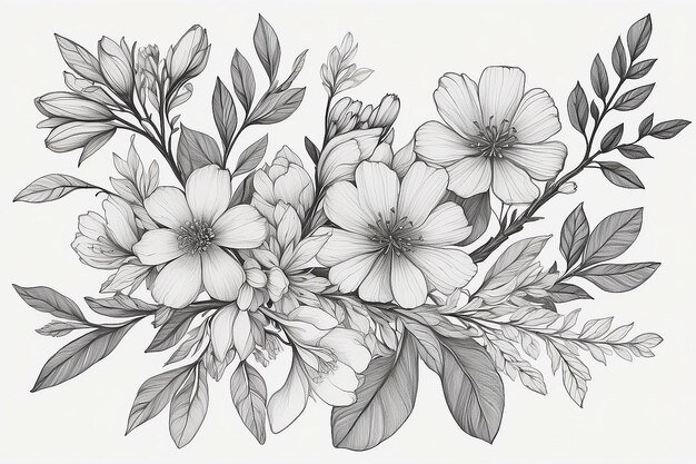 Photo a drawing of a bunch of flowers with leaves on a branch generative ai