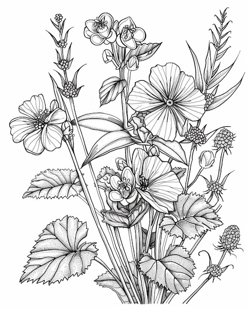 a drawing of a bunch of flowers with leaves and flowers generative ai