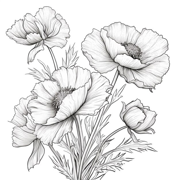 Photo a drawing of a bunch of flowers with leaves and flowers generative ai