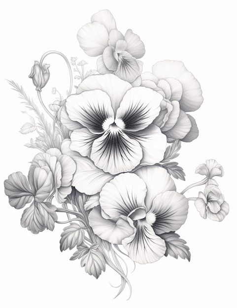 a drawing of a bunch of flowers with leaves and flowers generative ai