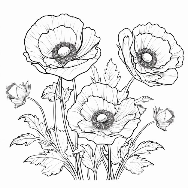 a drawing of a bunch of flowers with leaves and flowers generative ai