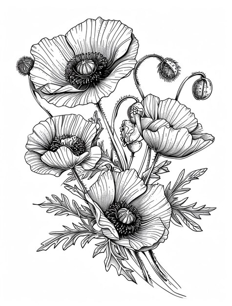 a drawing of a bunch of flowers with leaves and flowers generative ai