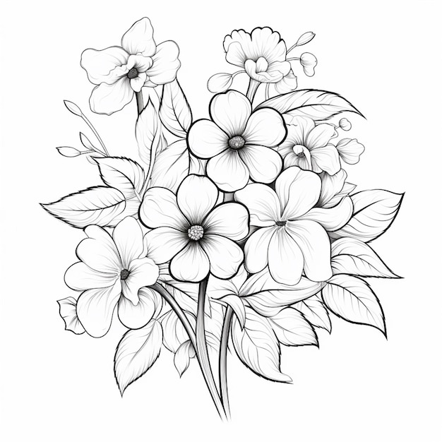 a drawing of a bunch of flowers with leaves and flowers generative ai