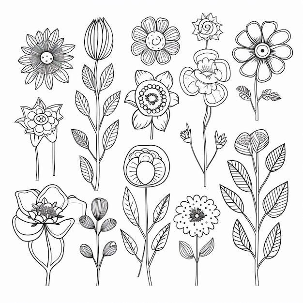 Photo a drawing of a bunch of flowers with leaves and flowers generative ai