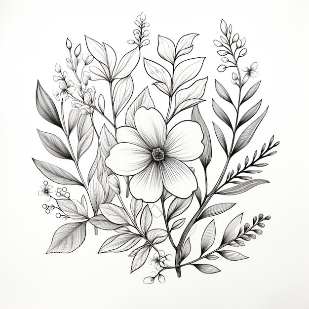 Photo a drawing of a bunch of flowers with leaves and flowers generative ai