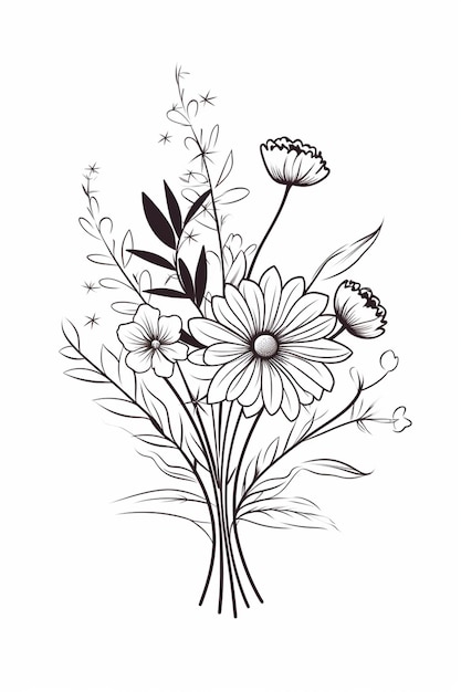 Foto un disegno di un mazzo di fiori con foglie e fiori ai generativi