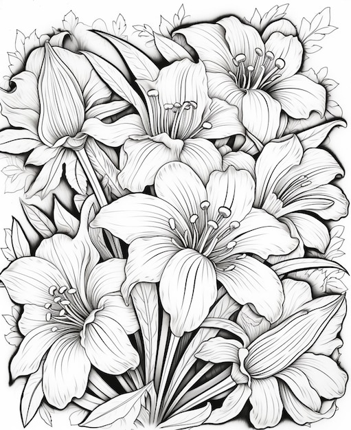 a drawing of a bunch of flowers with leaves generative ai