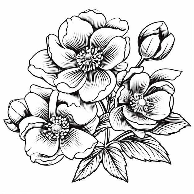 a drawing of a bunch of flowers with leaves generative ai