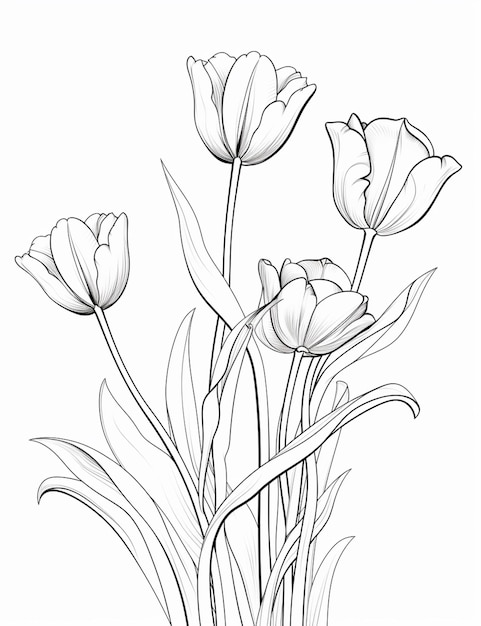 a drawing of a bunch of flowers with leaves on a white background generative ai