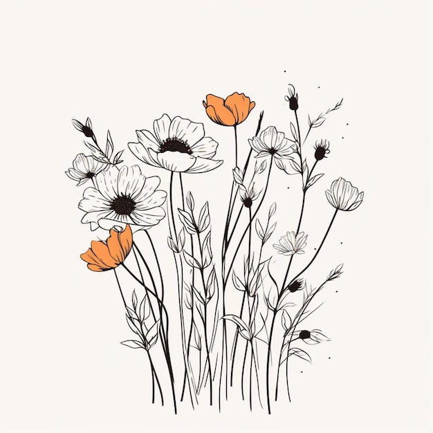 a drawing of a bunch of flowers with orange and white flowers generative ai