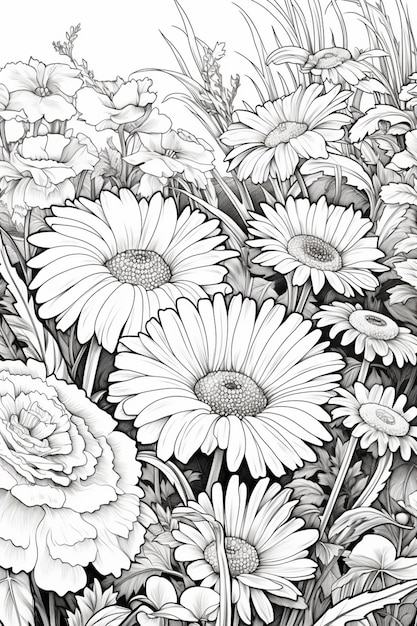 a drawing of a bunch of flowers with a white background generative ai