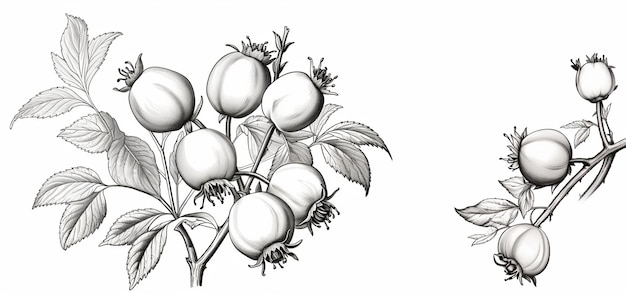 a drawing of a bunch of fruit on a branch with leaves generative ai