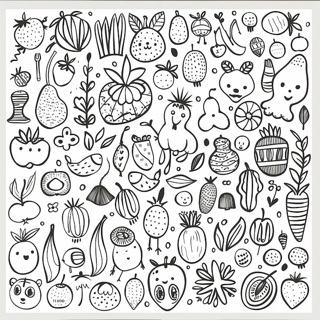 a drawing of a bunch of fruits and vegetables on a white background generative ai