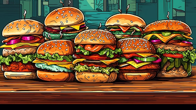 A drawing of a bunch of hamburgers on a table.