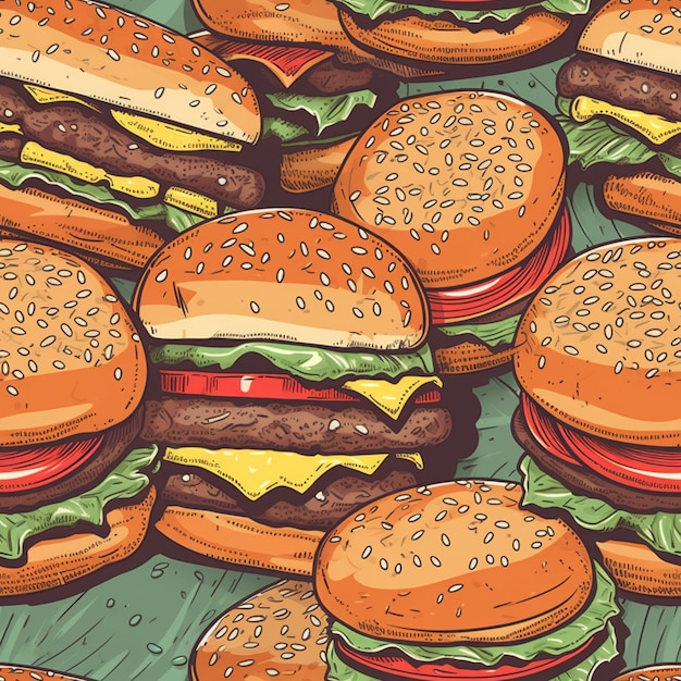 A drawing of a bunch of hamburgers with the words " burger " on the top.