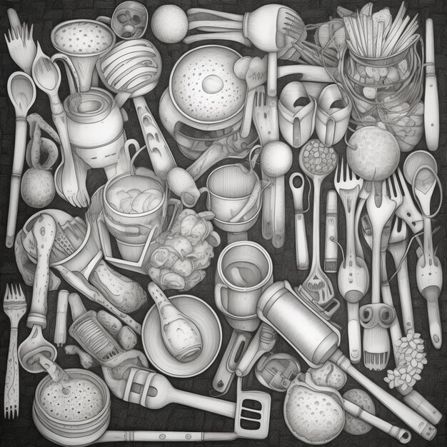Photo a drawing of a bunch of kitchen utensils and spoons generative ai