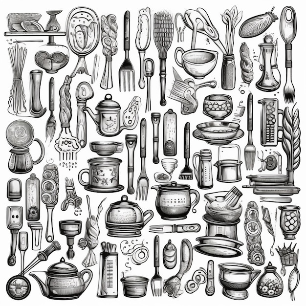 Foto un disegno di un mucchio di utensili da cucina e utensili generativi ai