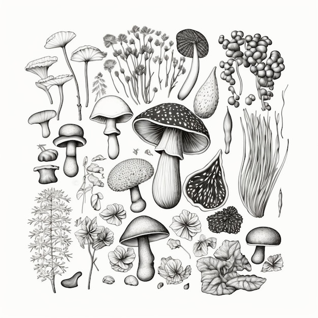 Foto un disegno di un mazzo di funghi e altre piante ai