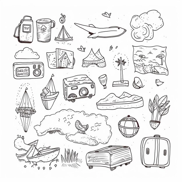 Photo a drawing of a bunch of objects that are on a white surface generative ai