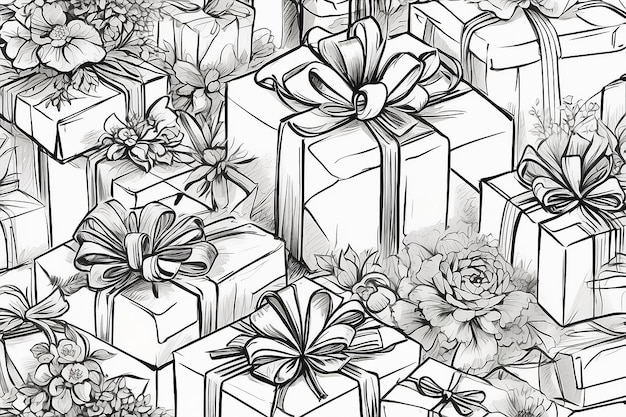 Рисунок кучки подарков с луками и цветами
