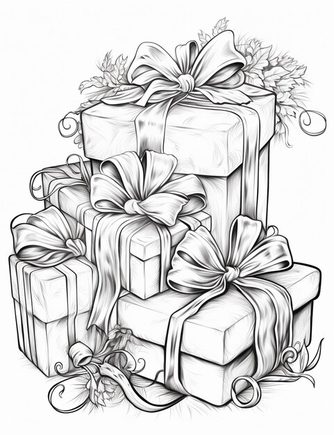 a drawing of a bunch of presents with bows and ribbons generative ai