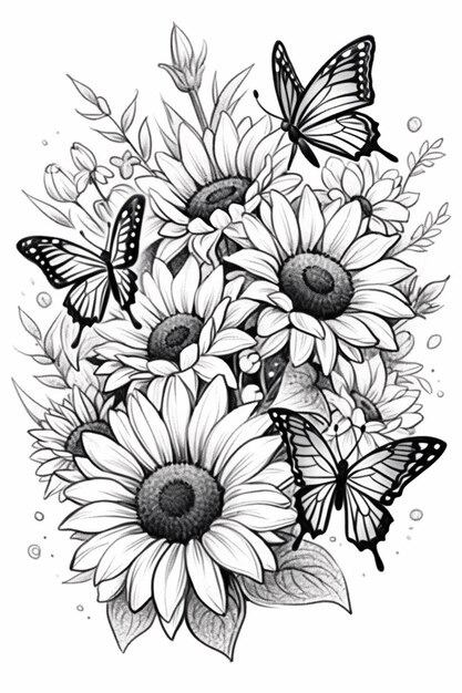 a drawing of a bunch of sunflowers with butterflies generative ai