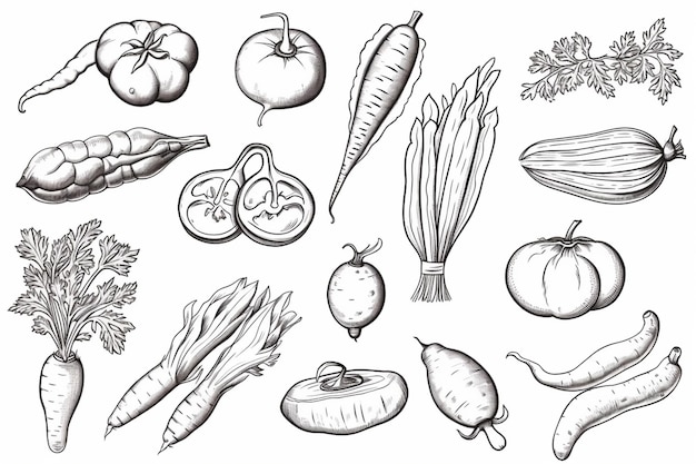 a drawing of a bunch of vegetables and fruits on a white background generative ai