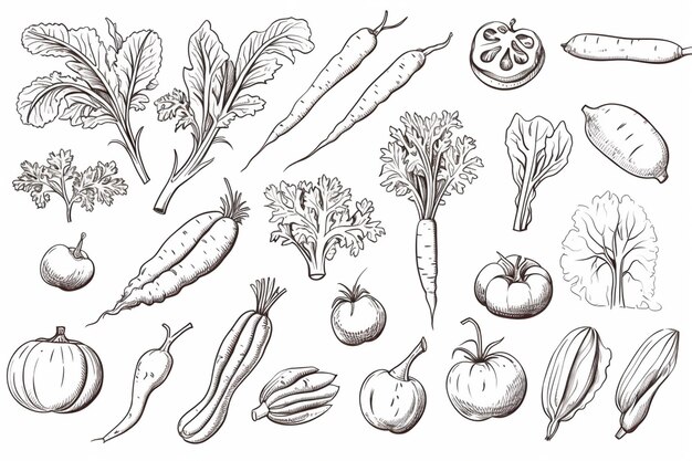 Photo a drawing of a bunch of vegetables and fruits on a white background generative ai